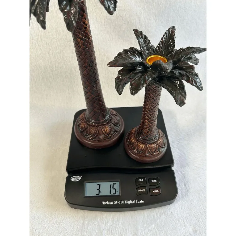 Resin Art Deco Tropical Palm Tree Candle Holders Set, Woven, Heavy, 14